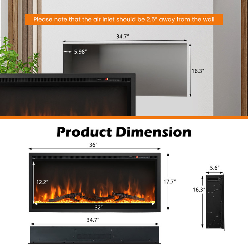 In-Wall Recessed Electric Fireplace Remote Control Adjustable Brightness