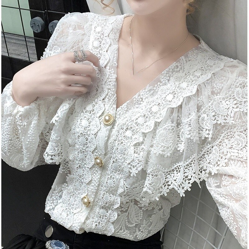 Ruffles Lady Lace Embroidery Blouse Shirts Mesh Tops T-shirt