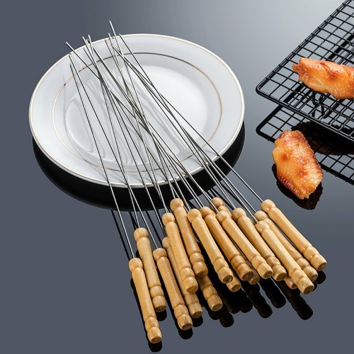 Metal BBQ Skewers Barbecue Sticks Reusable Grill Kebab Skewer Wooden