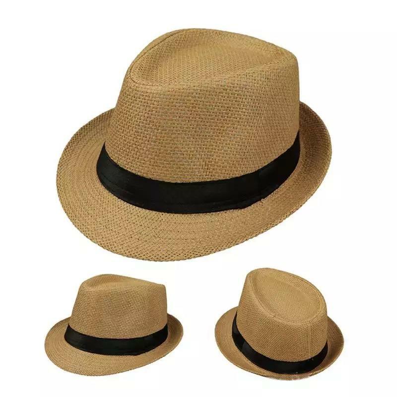 Men Women Summer Straw Fedora Hat Trilby Cuban Sun Cap Panama Short Brim Floral