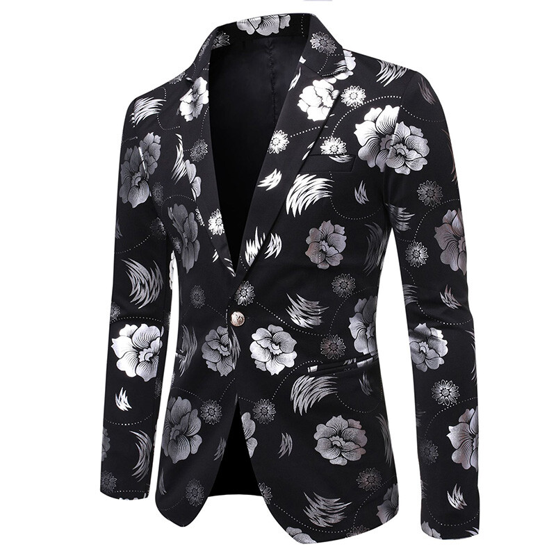 Men Floral Suit Blazer Wedding Dress Jacket Stage Gold/Silver Foil Print