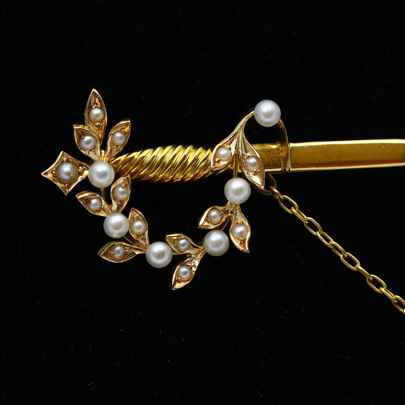 Antique ca 1900 18K Yellow Gold & Seed Pearl Sword Style Kilt Pin by Birks