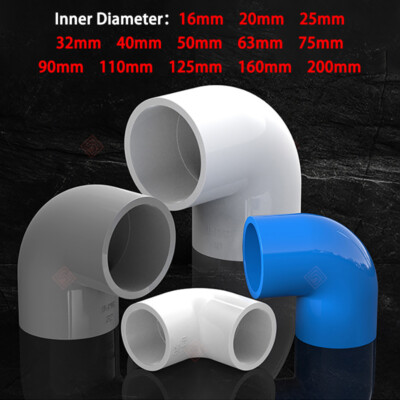 PVC Pipe Fittings 90° Elbow Adhesive Connector Sleeve Coupling 16mm-200mm I.D.