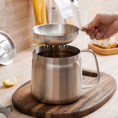 2L Stainless Steel Oil Filter Pot, With Fine Mesh Filter, Oil Storage Tank, Fryi