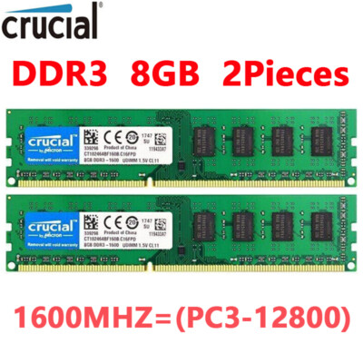 CRUCIAL DDR3 16GB (2x 8GB) 1600MHz PC3-12800 Desktop 240pin DIMM Memory RAM 16GB