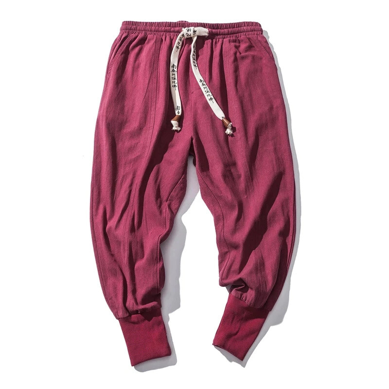 Men's Japanese Sweat Pants Casual Cotton Linen Stretch Elastic Trousers Joggers 