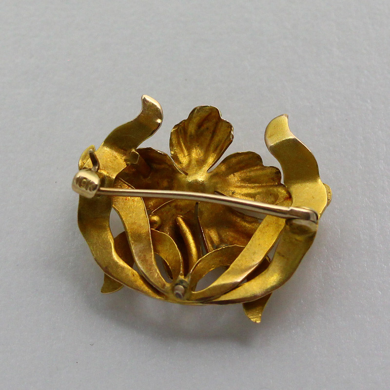 Antique 10k Yellow Gold Seed Pearl Art Nouveau Floral Pin