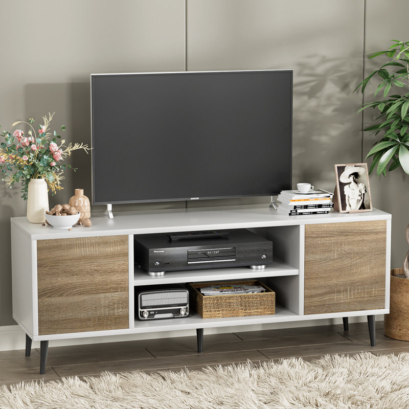 Media Console Natural Modern Entertainment Center With Cabinets