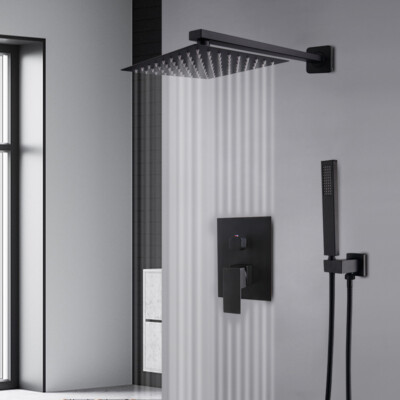 8''Black Bathroom Shower Faucet Set 8'' Rain Shower Head+Hand Sprayer Square Value