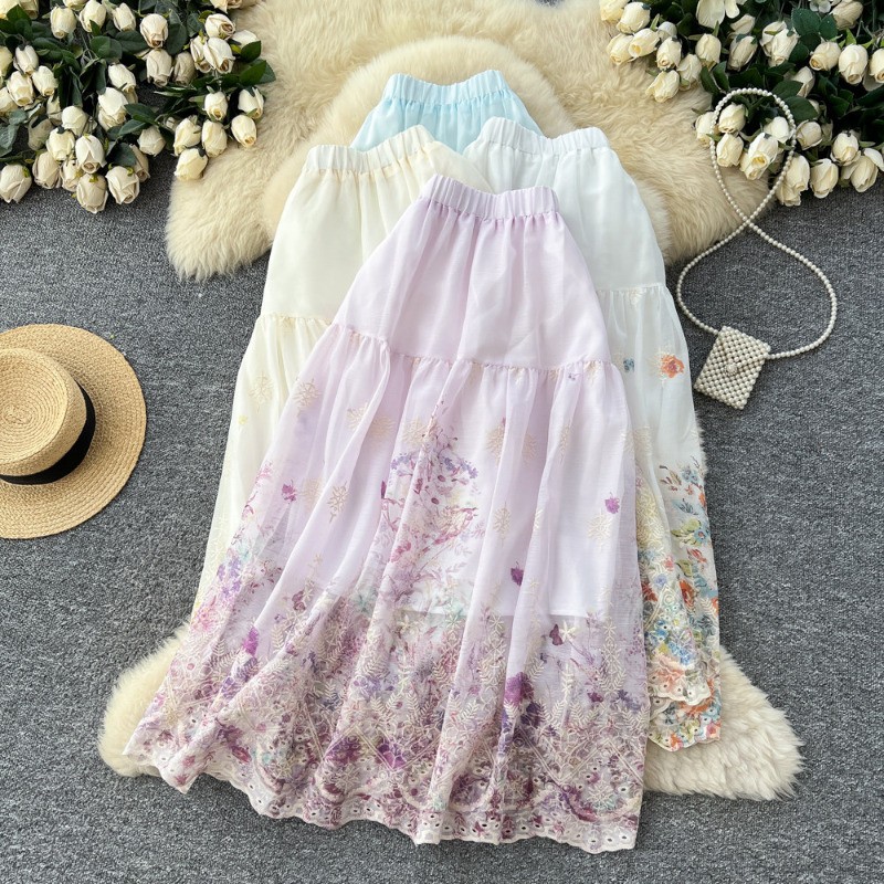women-high-waist-aline-skirt-embroidered-floral-elegant-summer-beach-half-dress