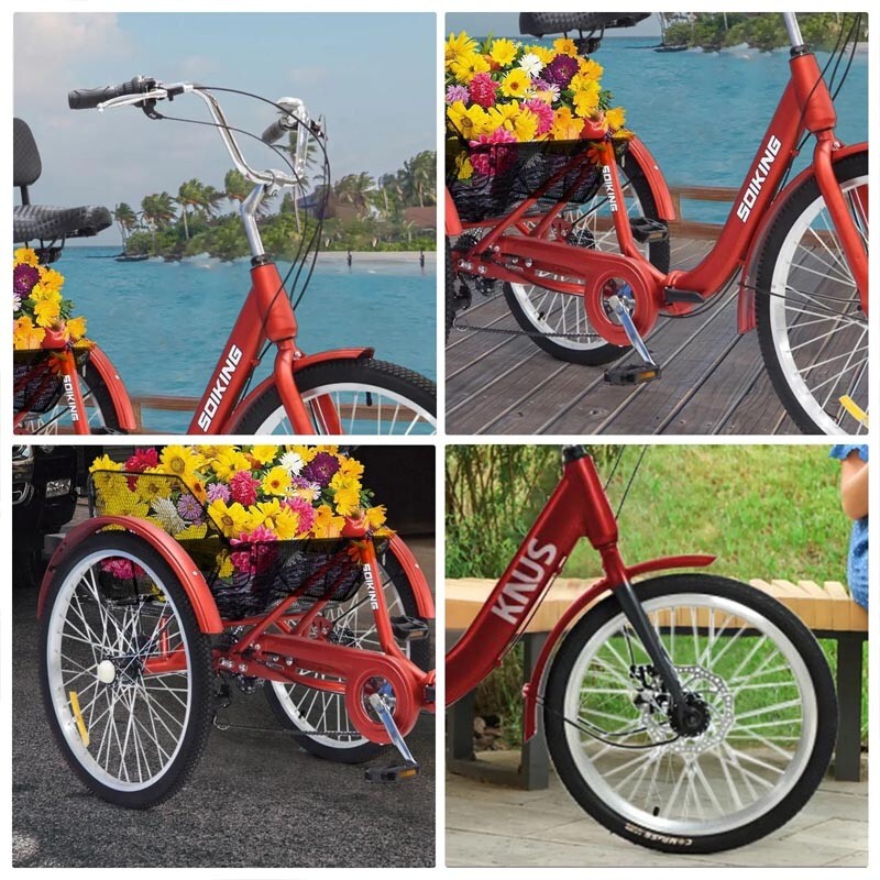 24-Inch Tricycle Bike,7-Speed Adult Foldable Tricycle Cruiser Bike With Basket