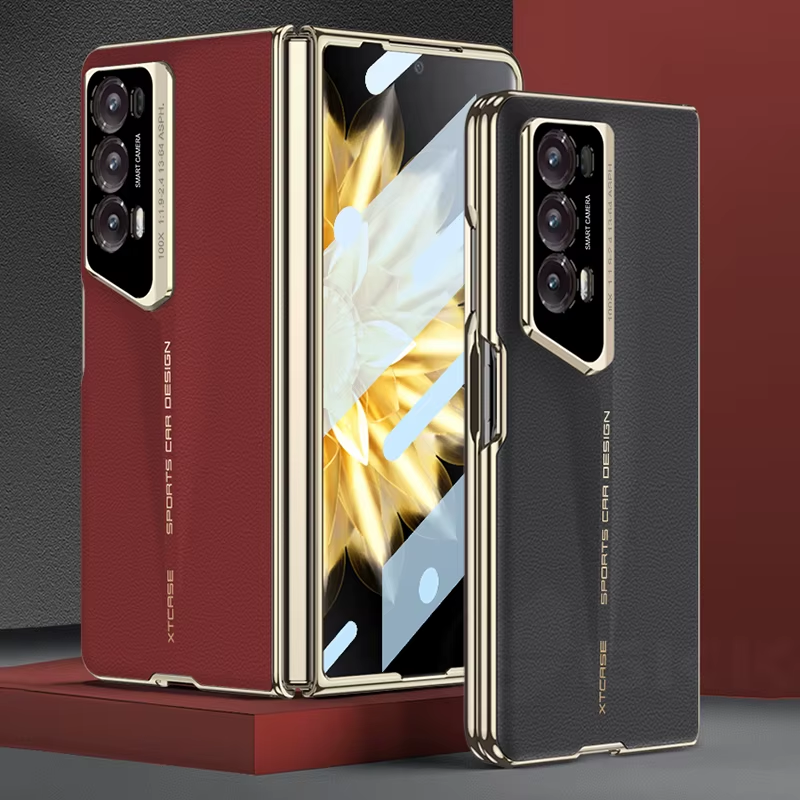 Luxury Plating Painted Leather Case For Honor Magic V2 Outer Glass Protector Arm