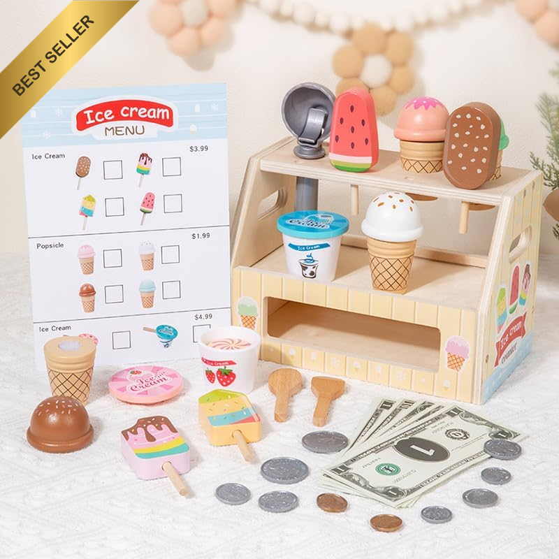 Ice Cream Counter Playset for Kid,Wooden Ice Cream Set for Kids Age 3+,Wooden Ro