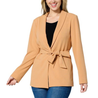 IMAN Global Chic Belted Crepe Knit Blazer Honey