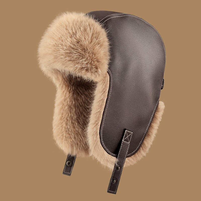 Damen Herren Kunstleder Warm Hut Plüsch Kunstpelz Dick Cap Windfest Winter Wärme