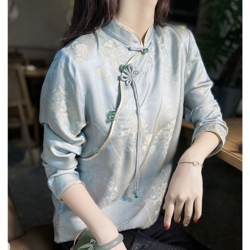 Lady Faux Silk Shirt Vintage Satin Tops Chinese Frog Buttons Tang Blouse Ethnic