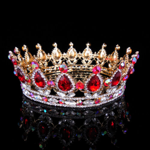 5cm Tall Ruby AB Red Luxury Crystal Gold Queen Crown Wedding Prom Party Pageant