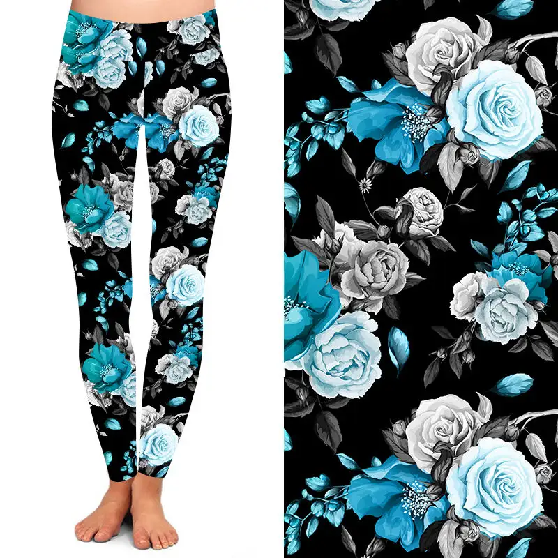 Blue Neon Rose WIth Pockets Printed sport leggings Yoga womens Leggings