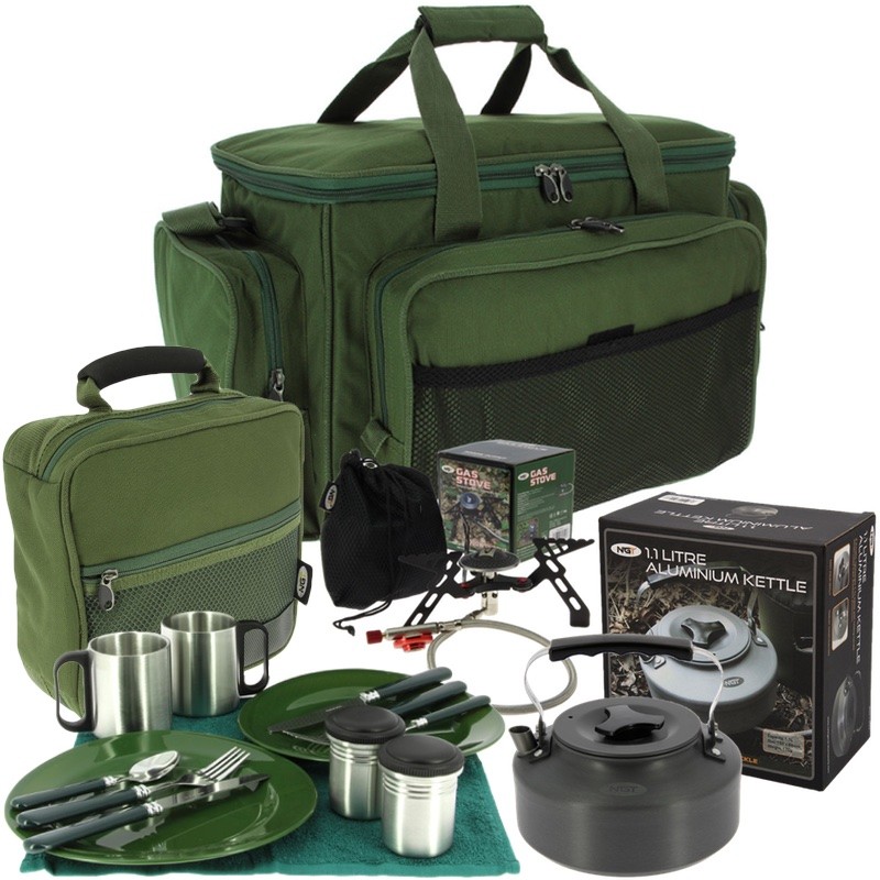 FISHING CAMPING DELUXE CUTLERY COOKING SET GAS STOVE & KETTLE CARRYALL