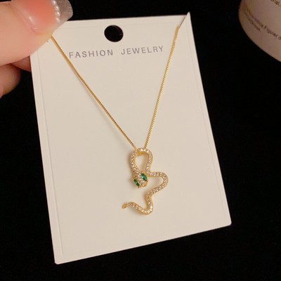 Fashion 14k exquisite zircon ripple pearl snake pendant necklace
