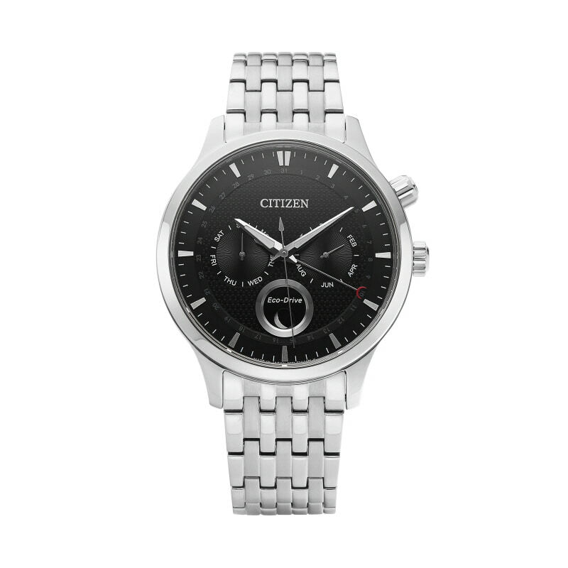 Pre-owned Citizen Original  Eco Drive Moon Phase Watch Men Japan Made Stainless Steel Black