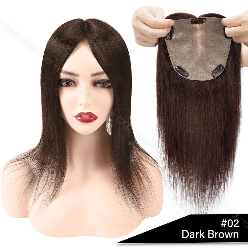Women Large 100 Remy Human Hair Topper Toupee Clip In Silk Base