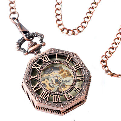 Red Copper Mechanical Pocket Watch Roman Numbers Display Best Gift for Men Women