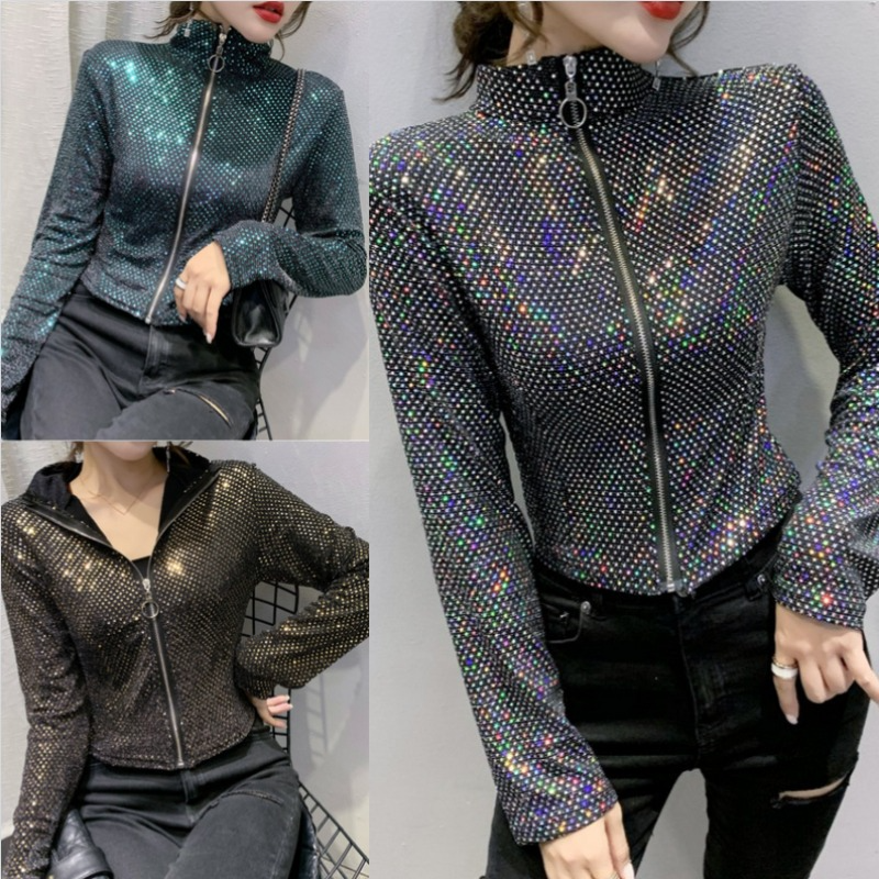 Donna Lustrini Camicetta Corto Cappotto Top Manica Lunga Paillettes Zip Clubwear