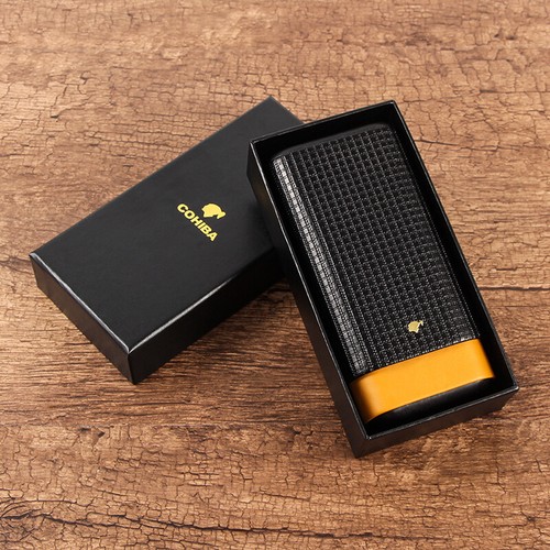 Galiner 3 Tube Travel Cigar Case Leather Lined Cedar Cigar Lighter Torch Yellow