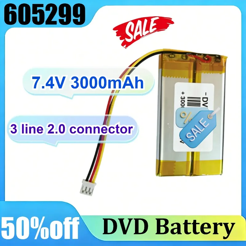 605299 7.4V 3000mAh 3-Wire for Portable DVD/EVD/VCD Video Disc Players Lithium P