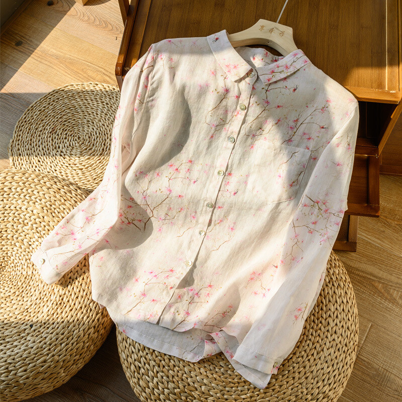 Donna Etnico Floreale Maglia Camicia con Bottoni Manica Lunga Retrò Casual