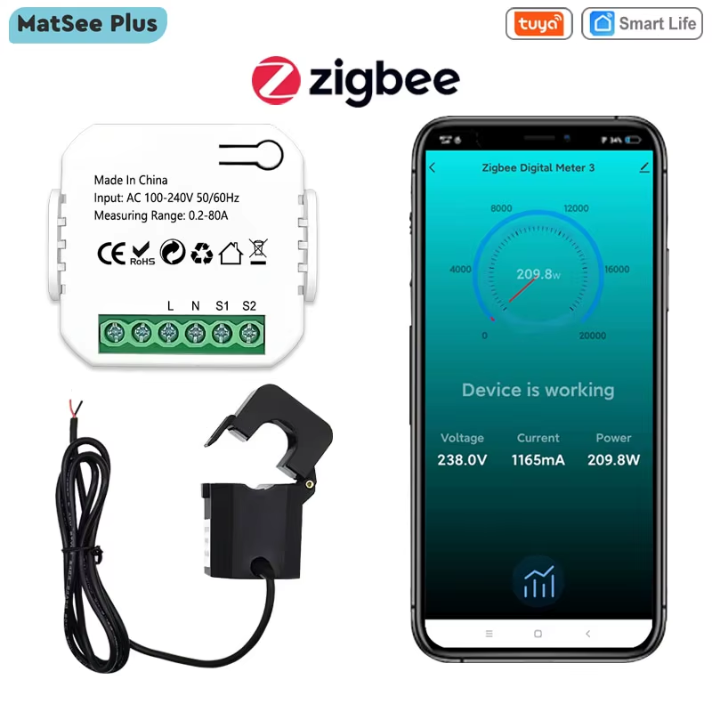 Tuya Smart Life ZigBee Energy Meter 80A with Current Sensor Clamp KWh Power Moni