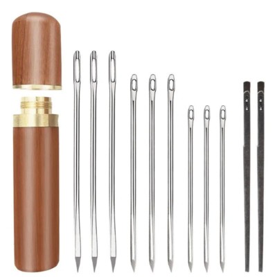 11pcs Leather Needles Lacing Hand Sewing Stitching Tools w/ Wood Organizer Case