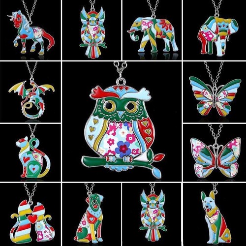 Colorful Printing Necklace Flower Animal Cat Horse Dog Sun Moon Pendant Chain