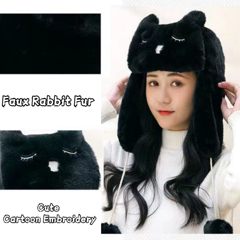 Lady Winter Plush Trapper Hat Faux Fur Earflaps Hat Cute Animal Ear Ski Cap Warm