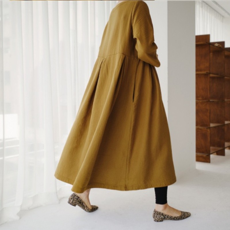 women-midi-dress-bohemian-long-sleeve-pleated-dress-with-pocket-big-swing