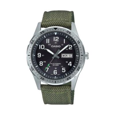 Casio MTP-S120L-3AV, Мужские часы, Зеленый нейлон, Черный циферблат, Дата, Солнечная батарея