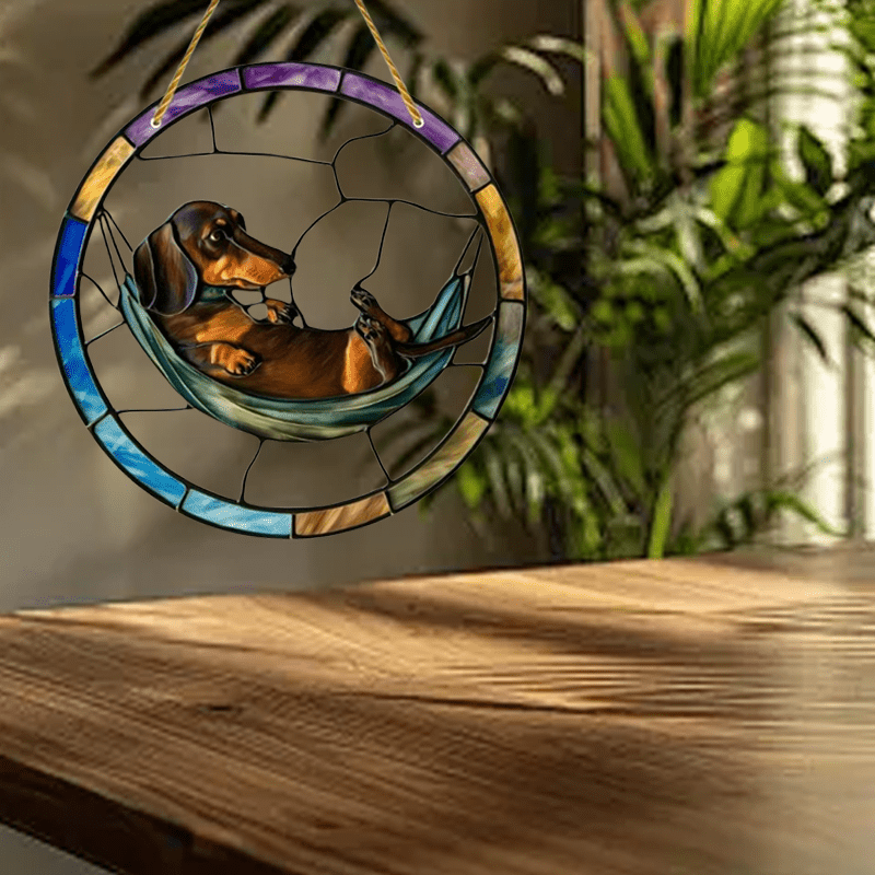 1 Piece Well Behaved Cute Dachshund Hammock Acrylic Round Light Catcher