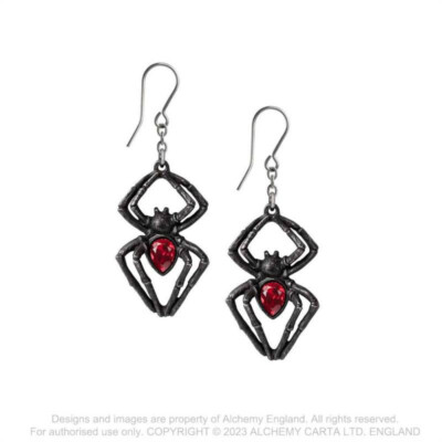 Alchemy Gothic Black Widow Spider Drop Earrings - Pewter Red Crystal