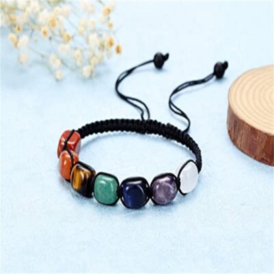 5Pcs Natural Quartz 7 Chakra Gem Crystal Woven Beaded Bangle Healing Reiki Yoga