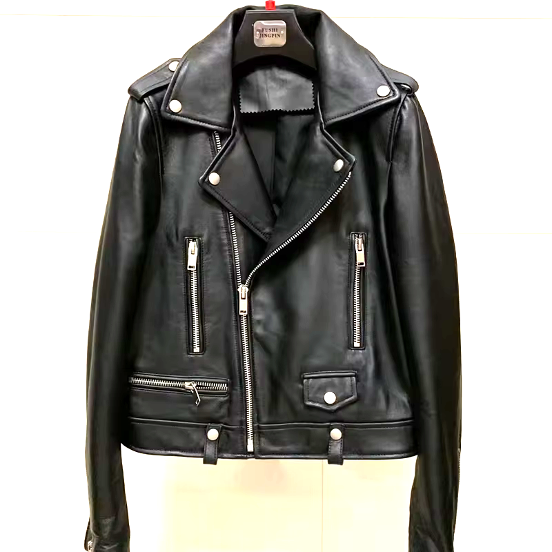 Womens Black Lambskin Leather Motorcycle Jacket Relaxed Fit Biker Moto Casual XL
