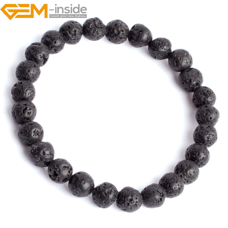 Natural Stone Black Volcanic Lava Sponge Beaded Enegry Stone Bracelet Women 7.5