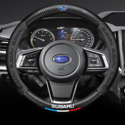 15'' Black Leather Carbon Fiber Car Steering Wheel Cover Accessories For Subaru