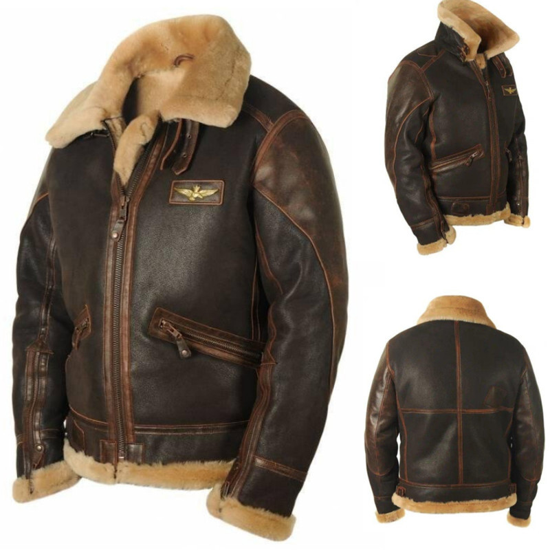 Mens Leather Casual Coat Lapel Jacket Denim Warm Fur Collar Fleece Lined Winter