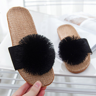 Lady Non-slip Sandal Slippers Shoes Casual Pom Pom Linen Blend Slippers Home