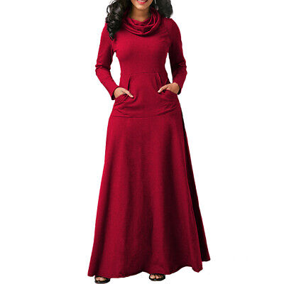 Womens Casual Pocket Maxi Dress Ladies Long Sleeve High Neck Pullover Dresses