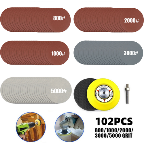 102PC 3 inch Sanding Discs Wet Dry Hook Loop 800-5000 Grit for Drill Die Grinder