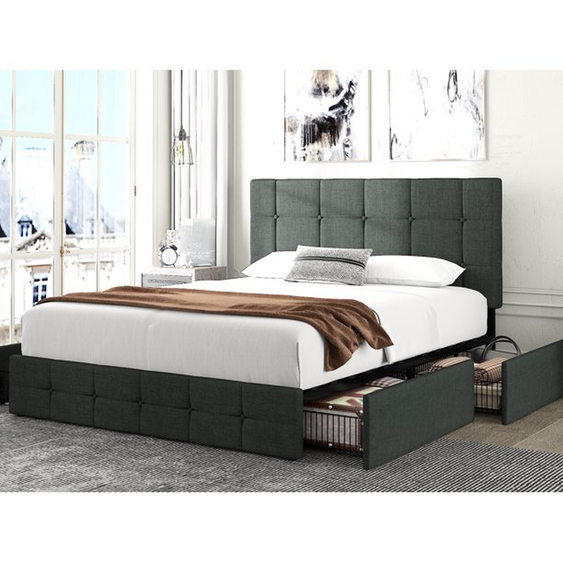 With Headboard And 4 Storage Drawers, Button Tufte
