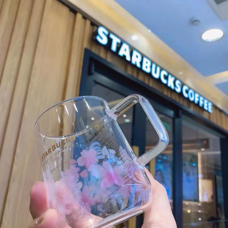 New Starbucks Pink Sakura Color changing Glass Coffee Mug Cup + Flower Stick