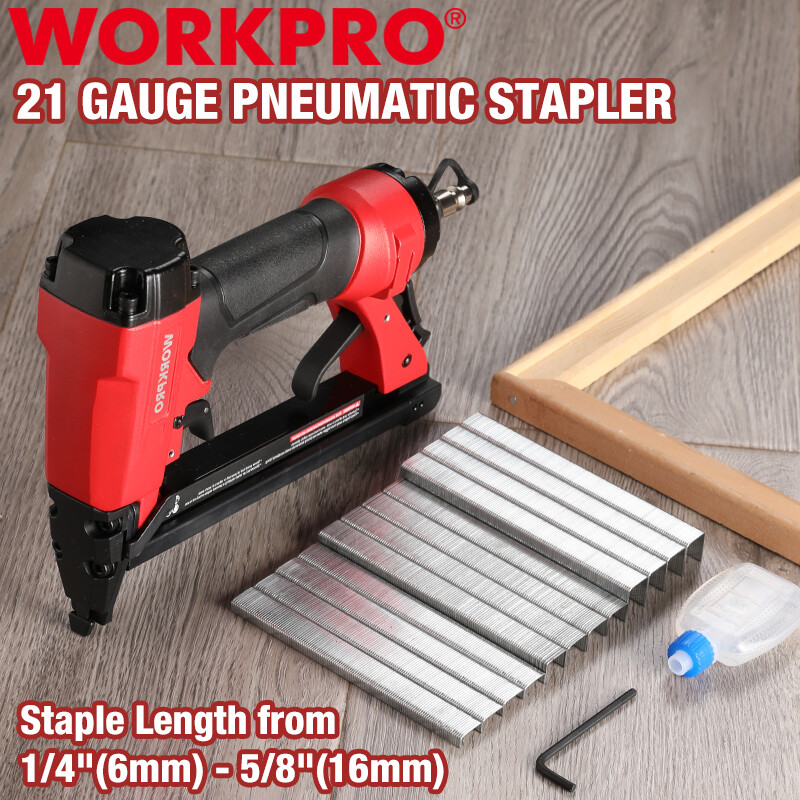 WORKPRO 8016 Pneumatic Staple Gun 21 Gauge Upholstery Stapler Set w/1500 Staples